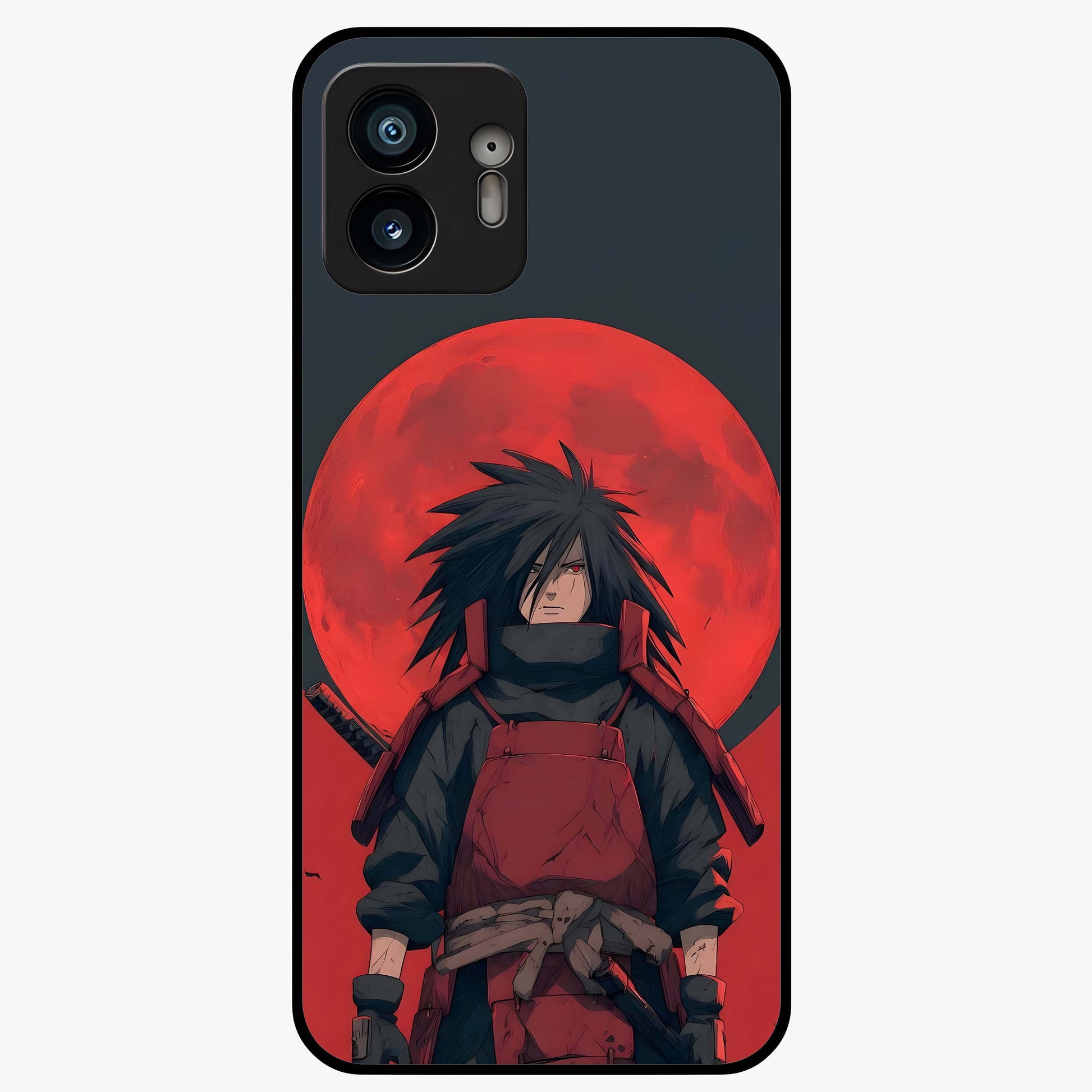 Crimson Moon Warlord Glass Case showing flat back view with mystical moon warrior artwork and glossy glass finish.