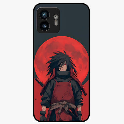 Crimson Moon Warlord Glass Case showing flat back view with mystical moon warrior artwork and glossy glass finish.