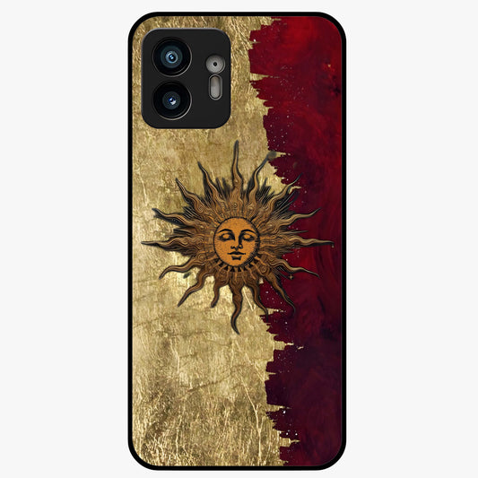Crimson Sun Majesty Glass Case showing flat back view with radiant sun inspired artwork and glossy glass finish.