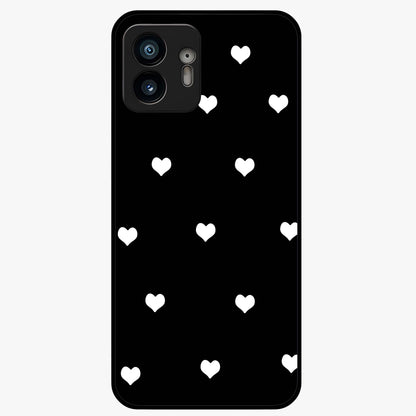 Cute And Simple White Hearts Glass Case showing flat back view with minimal white heart pattern and glossy glass finish.