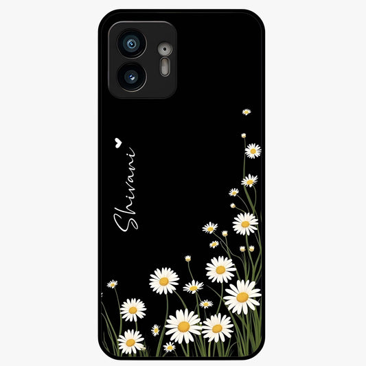 Daisy Cascade Custom Name Glass Case showing flat back view with cascading daisy flowers and personalized name design.