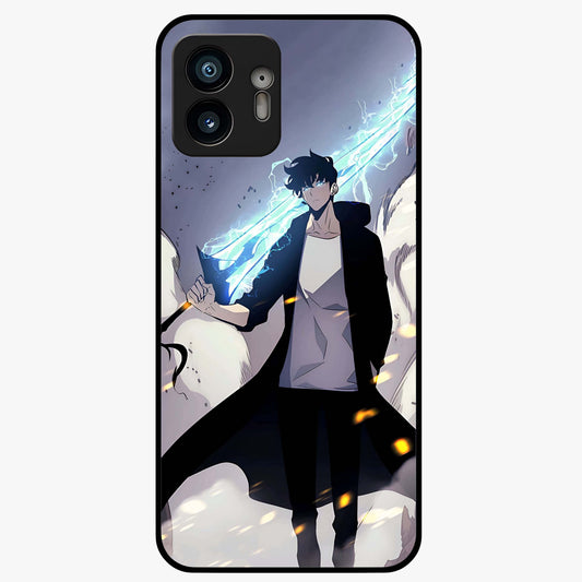 Dark Lightning Anime Warrior Glass Case showing flat back view with intense anime warrior artwork and glossy glass finish.