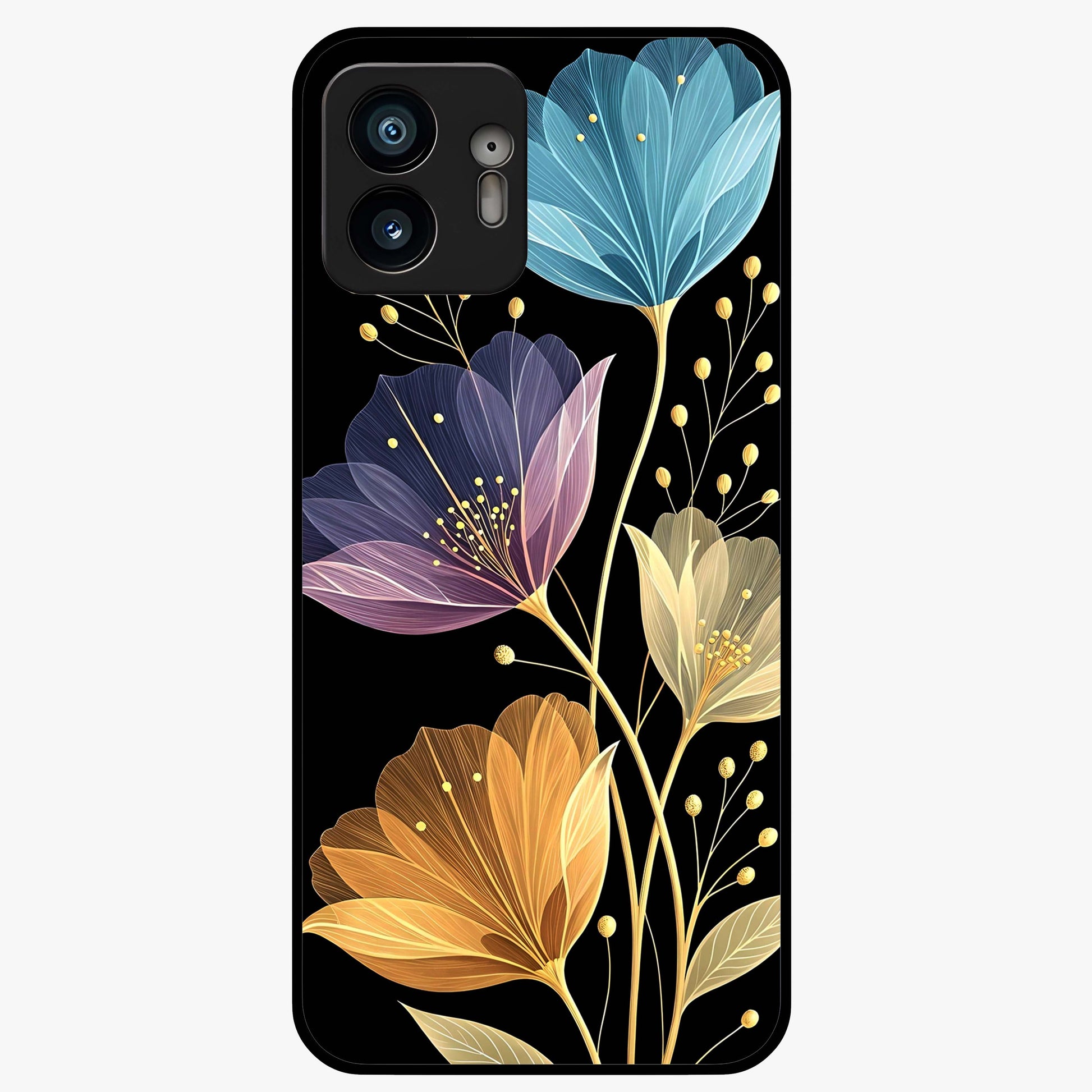 Delicate Multicolor Flowers Glass Case showing flat back view with vibrant floral artwork and glossy glass finish.