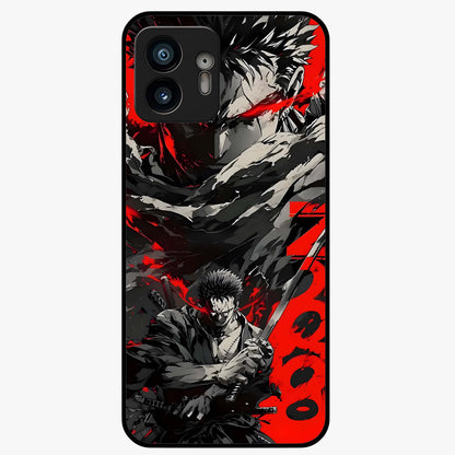 Demon Sword Resolve Glass Case showing flat back view with fierce sword warrior artwork and glossy glass finish.