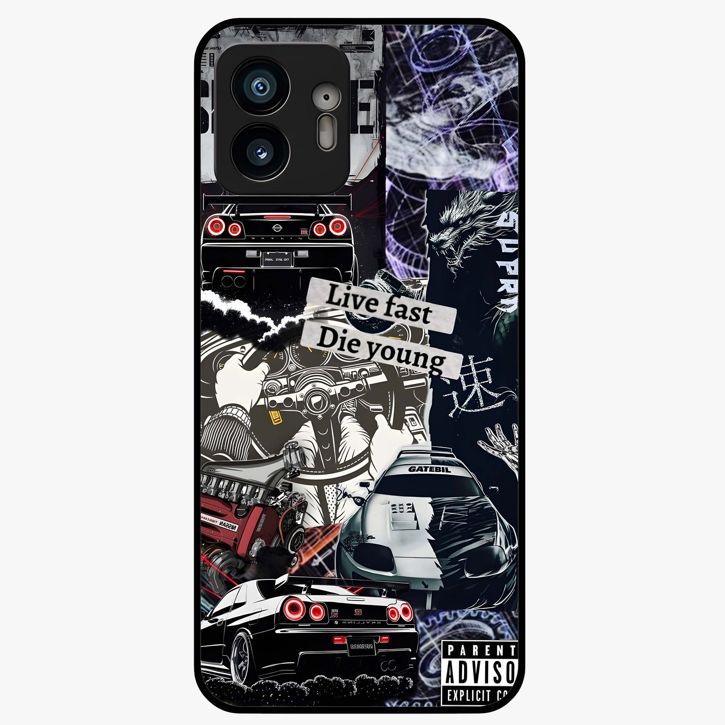 Die Young Glass Case showing flat back view with bold artistic typography design and glossy glass finish.