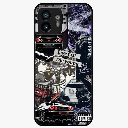 Die Young Glass Case showing flat back view with bold artistic typography design and glossy glass finish.