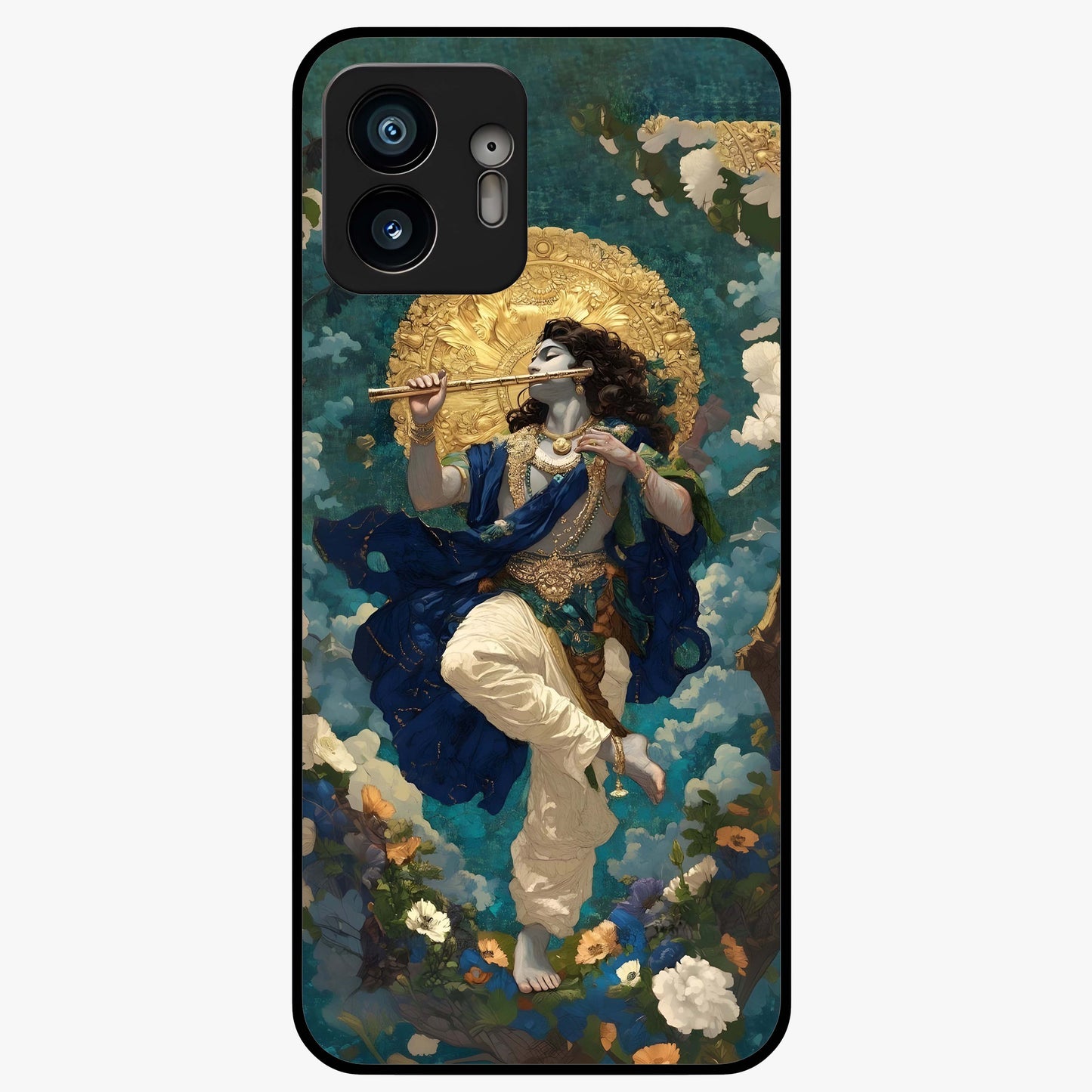 Divine Krishna Art Glass Case showing flat back view with Lord Krishna artwork and glossy glass finish.