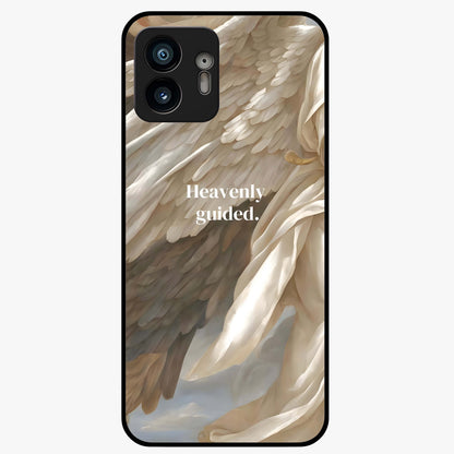 Divine Winged Grace Glass Case showing flat back view with elegant wing inspired artwork and glossy glass finish.