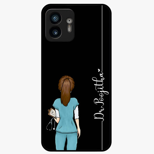 Doctor Pattern Custom Name Glass Case showing flat back view with medical themed pattern and personalized name design.