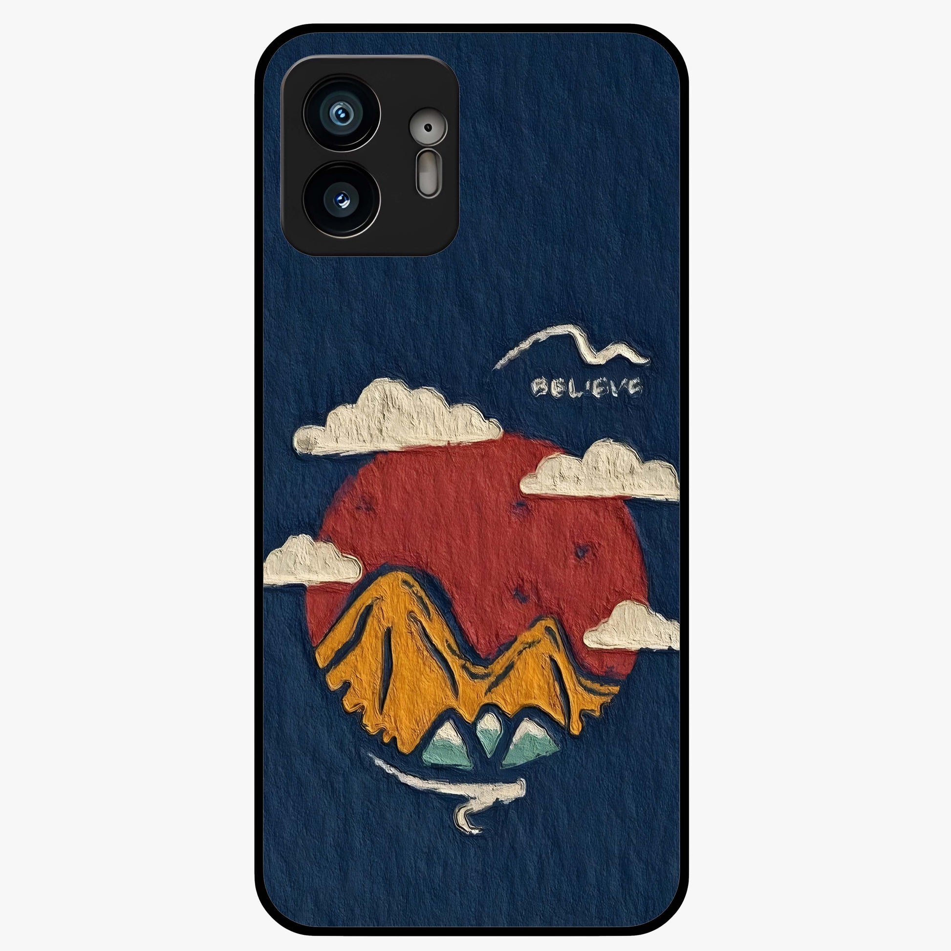 Dream Beyond Mountains Glass Case showing flat back view with scenic mountain landscape artwork and glossy glass finish.
