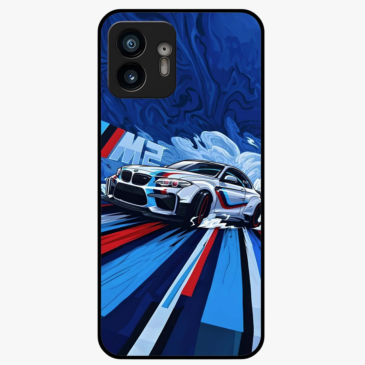 Drift Power Rush Glass Case showing flat back view with dynamic racing inspired artwork and glossy glass finish.