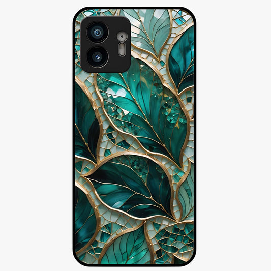 Emerald Leaf Glass Glass Case showing flat back view with emerald green leaf artwork and glossy glass finish.