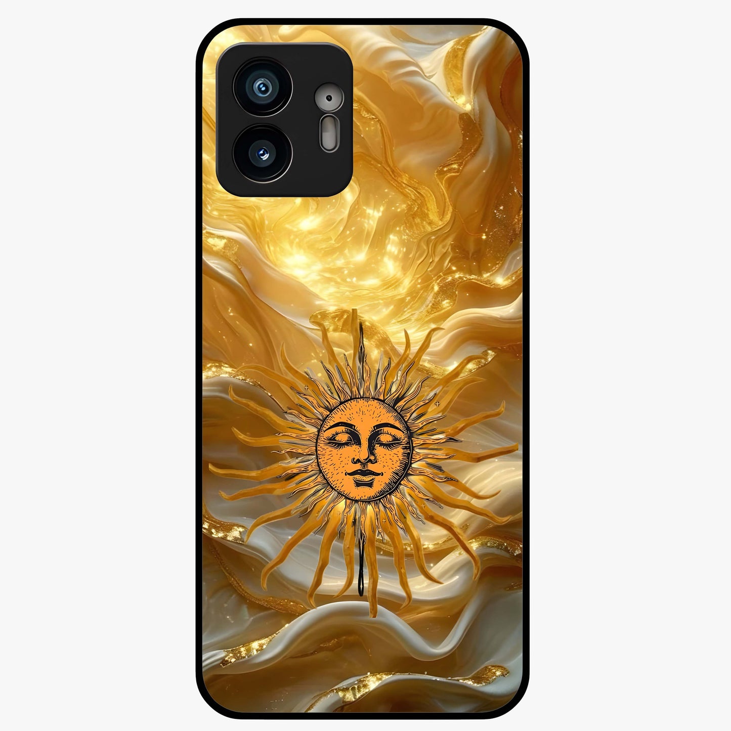 Eternal Golden Glow Glass Case showing flat back view with radiant golden themed artwork and glossy glass finish.