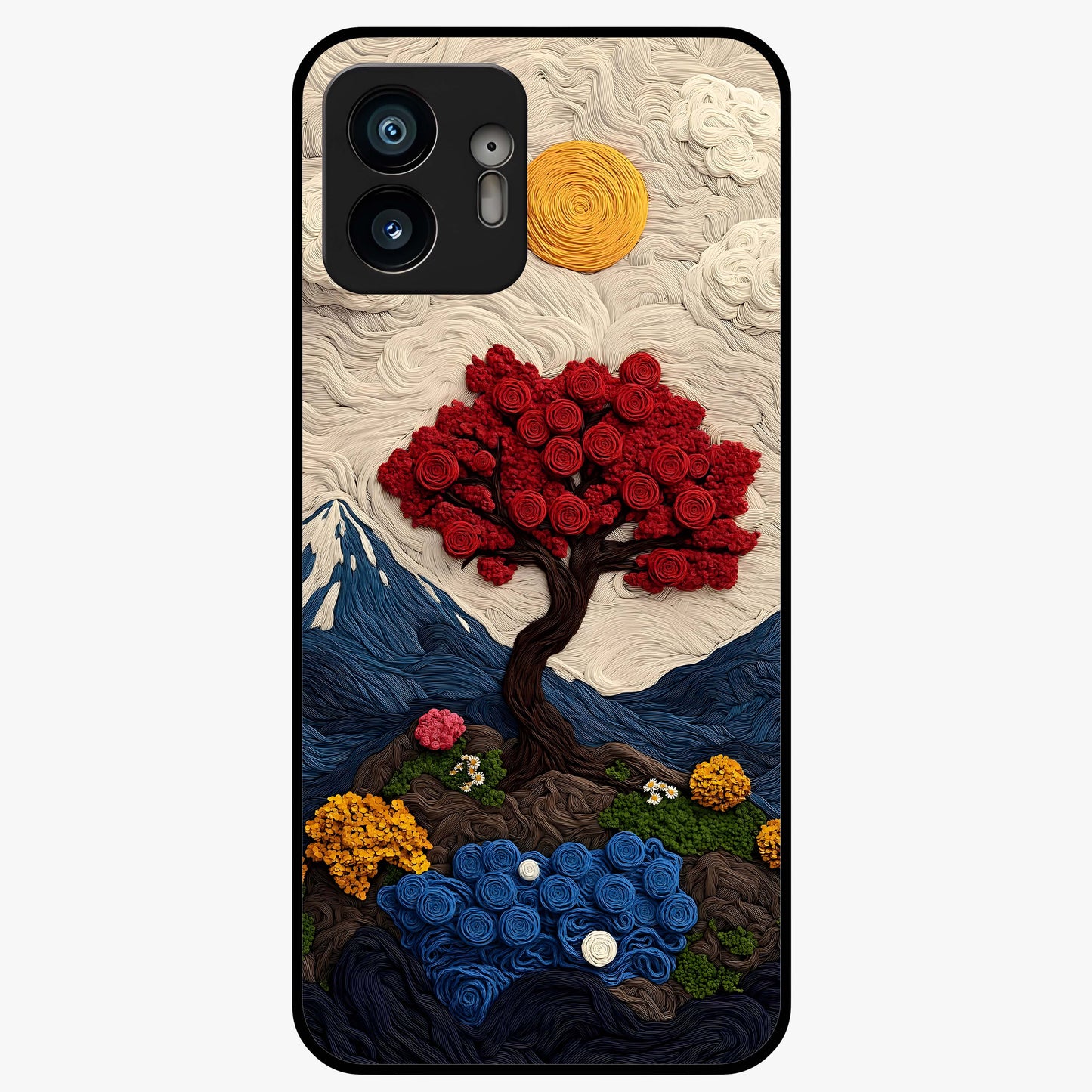 Eternal Nature Tapestry Glass Case showing flat back view with intricate nature tapestry artwork and glossy glass finish.