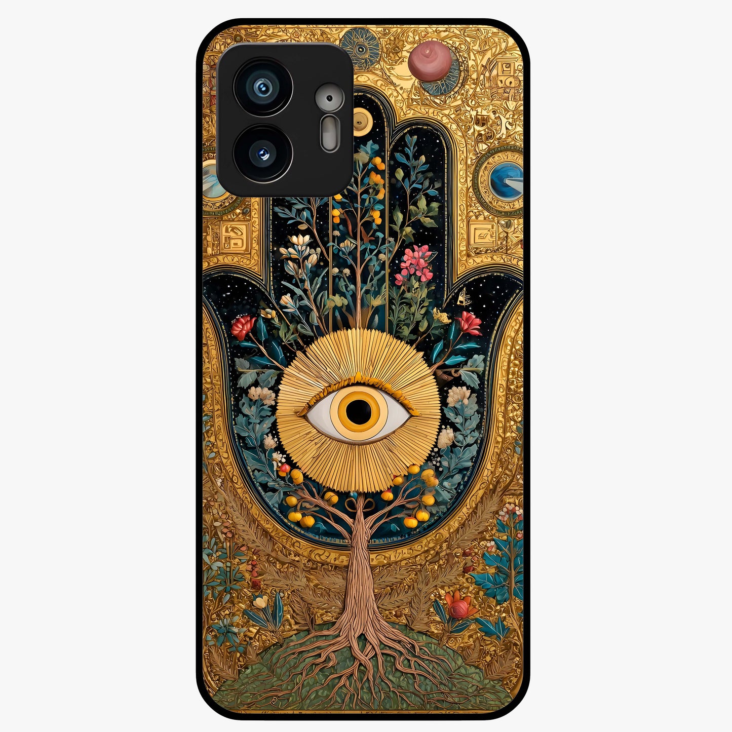 Ethereal Evil Eye Glass Case showing flat back view with mystical evil eye artwork and glossy glass finish.