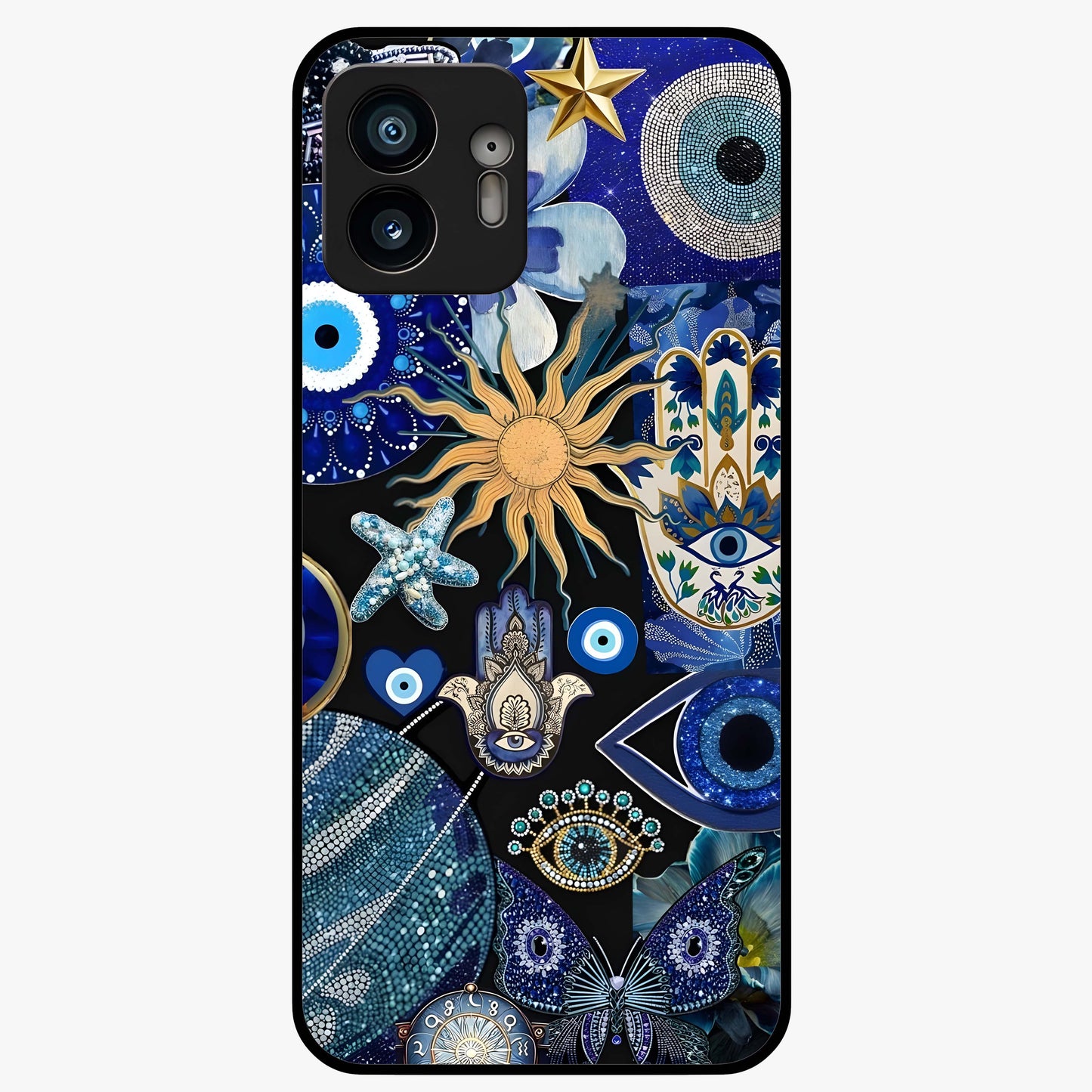 Evil Eye Charm Mix Glass Case showing flat back view with multiple evil eye charms artwork and glossy glass finish.