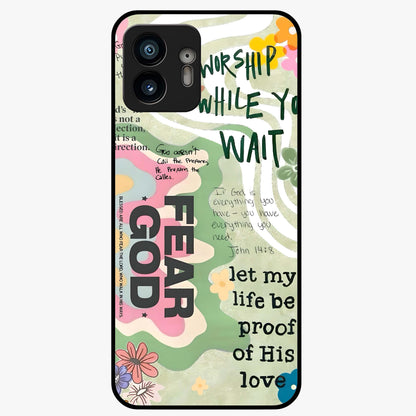 Faith Over Fear Glass Case showing flat back view with motivational typography artwork and glossy glass finish.