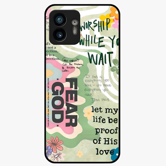 Faith Over Fear Glass Case showing flat back view with motivational typography artwork and glossy glass finish.
