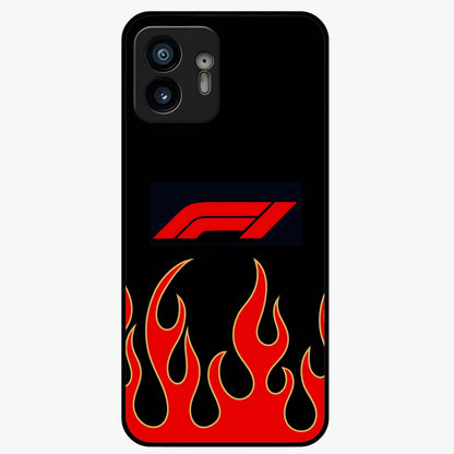 Fire F11 Glass Case showing flat back view with fiery themed artwork and glossy glass finish.