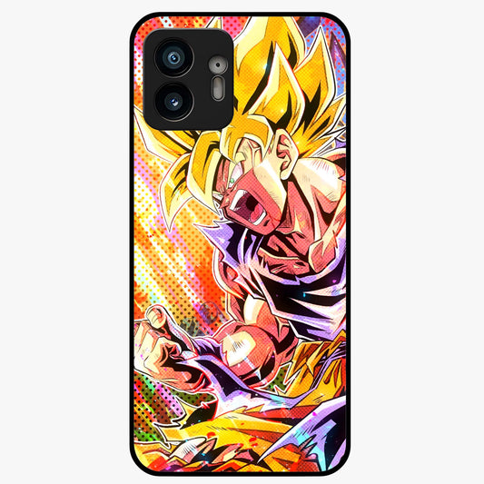 Firing Goku Glass Case showing flat back view with powerful anime inspired artwork and glossy glass finish.