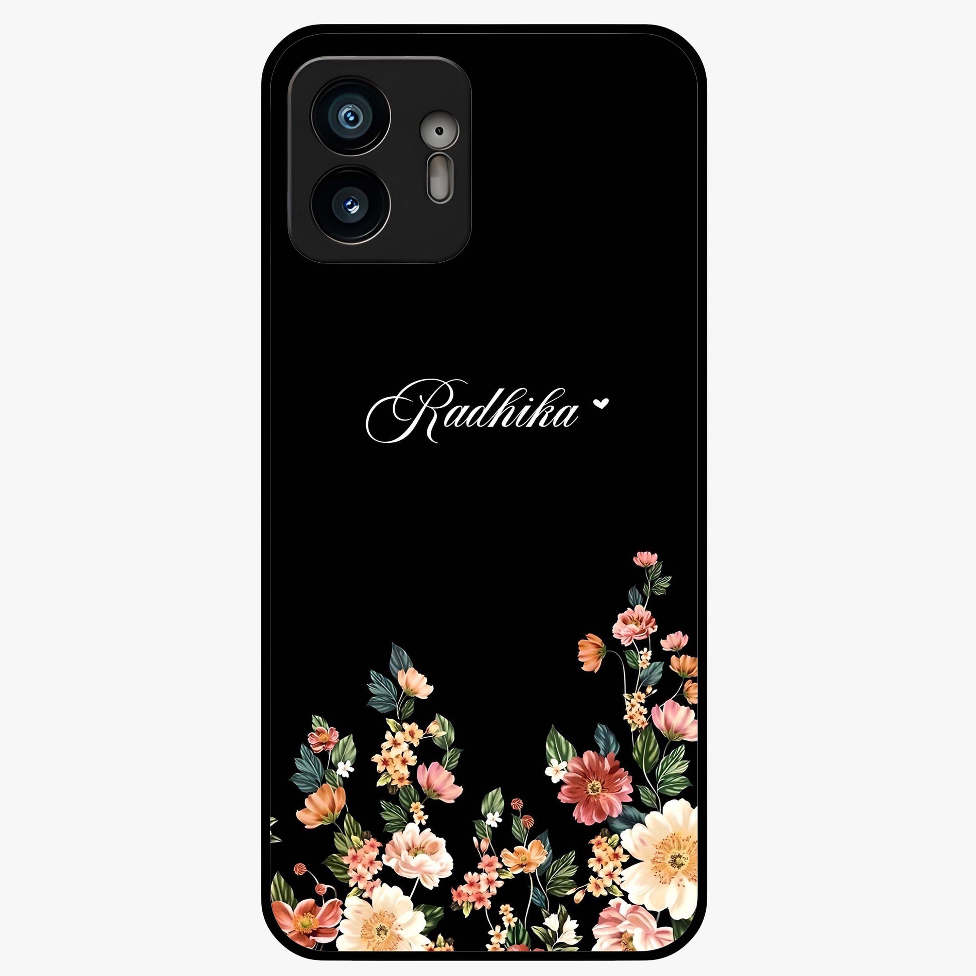 Floral Design With a Custom Personalized Name Glass Case showing flat back view with floral artwork and personalized name design.
