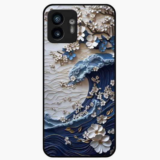 Floral Wave Origami Glass Case showing flat back view with origami inspired floral wave artwork and glossy glass finish.