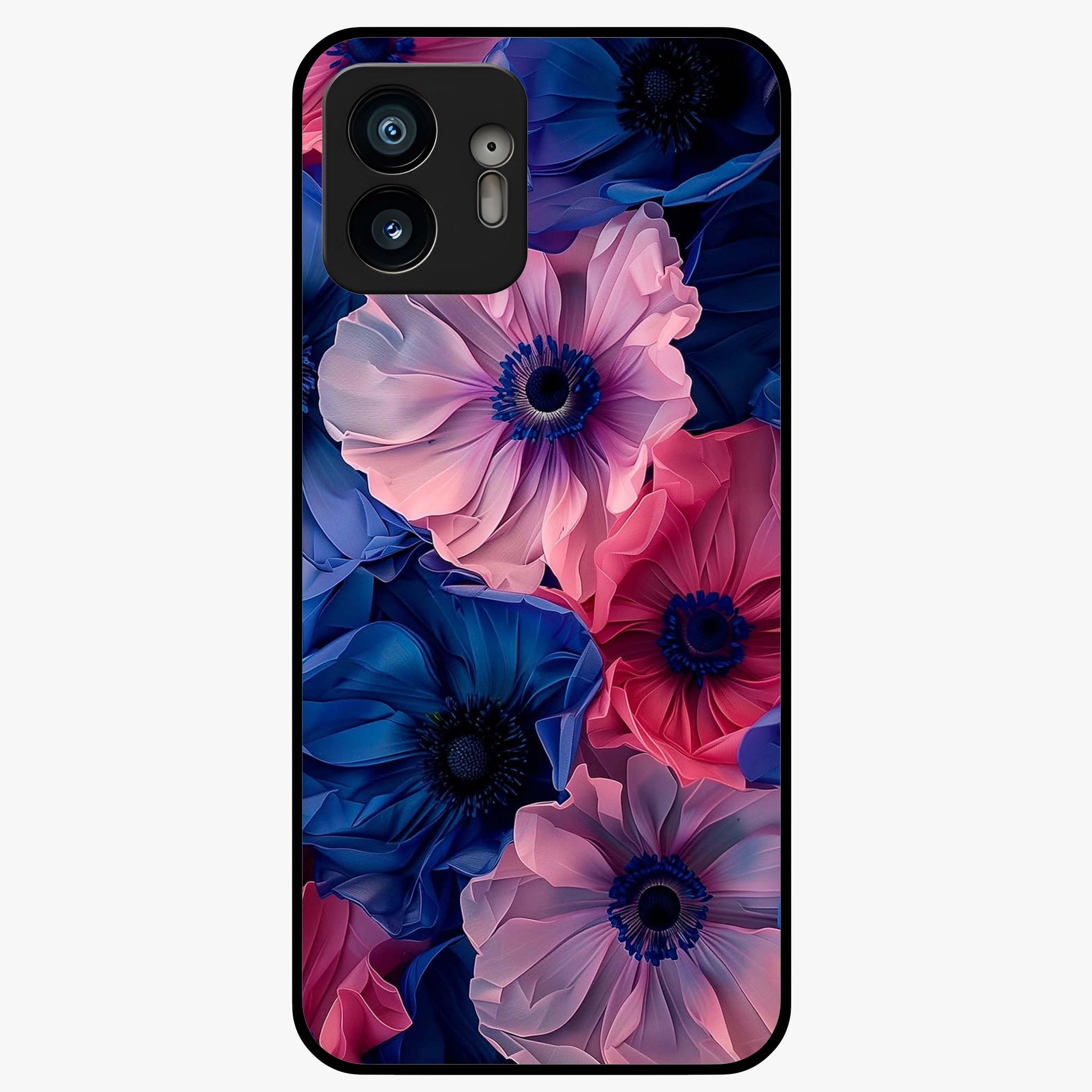 Flower Paper Art Pattern Glass Case showing flat back view with paper cut style floral artwork and glossy glass finish.