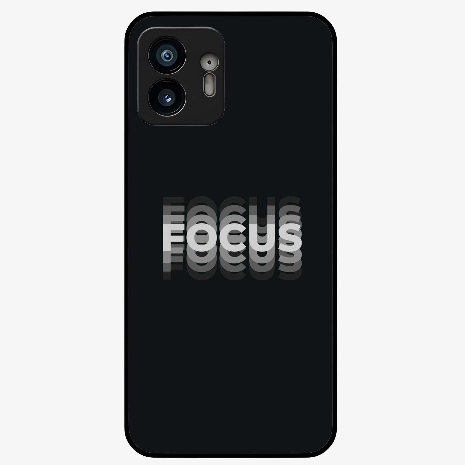 Focus Mode On Glass Case showing flat back view with bold motivational typography design and glossy glass finish.