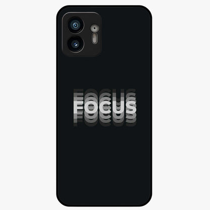 Focus Mode On Glass Case showing flat back view with bold motivational typography design and glossy glass finish.