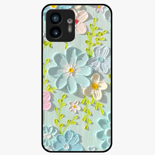 Frosted Petal Garden Glass Case showing flat back view with soft frosted floral artwork and glossy glass finish.