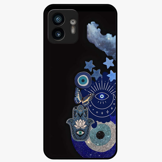 Galactic Charm Cluster Glass Case showing flat back view with glowing celestial charm artwork and glossy glass finish.