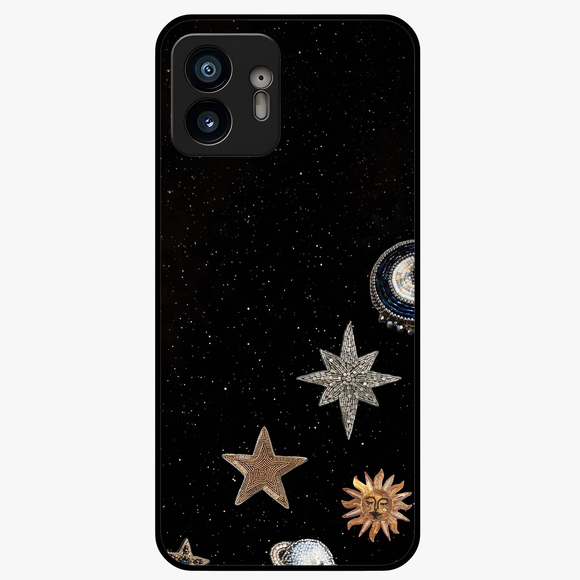 Galactic Charm Glow Glass Case showing flat back view with glowing celestial charm artwork and glossy glass finish.