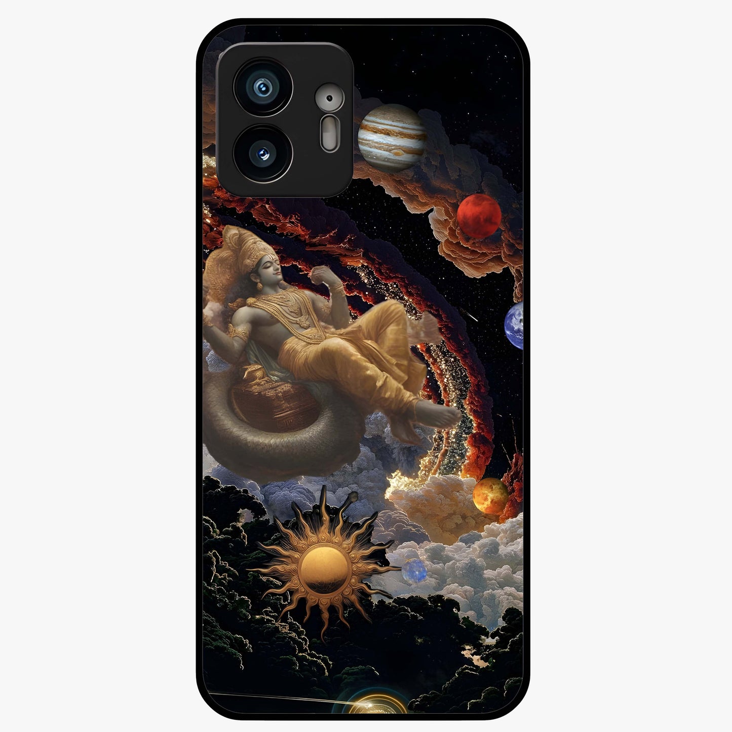Galactic Divine God Glass Case showing flat back view with divine cosmic themed artwork and glossy glass finish.