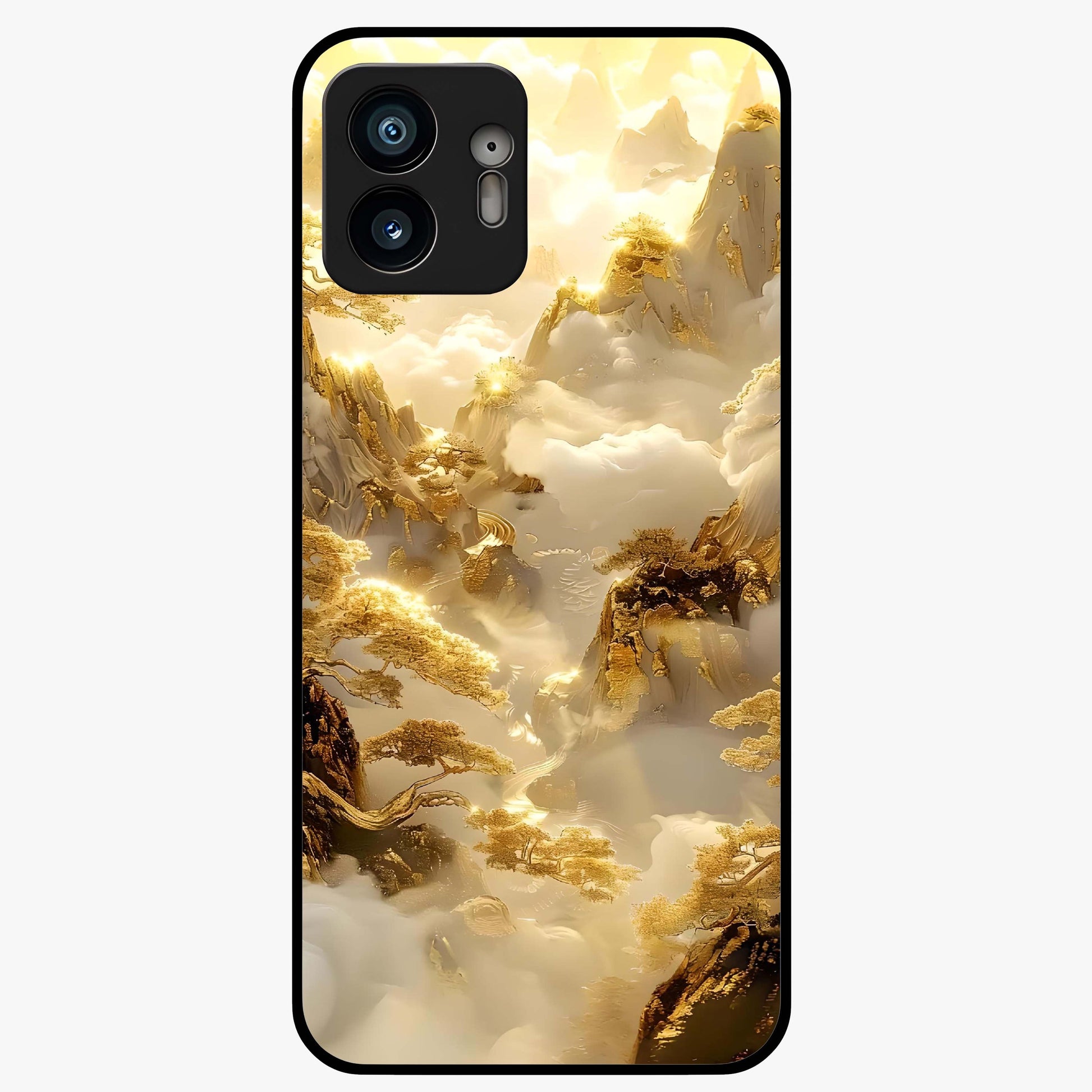 Gates Of Illumination Glass Case showing flat back view with mystical illuminated gate artwork and glossy glass finish.