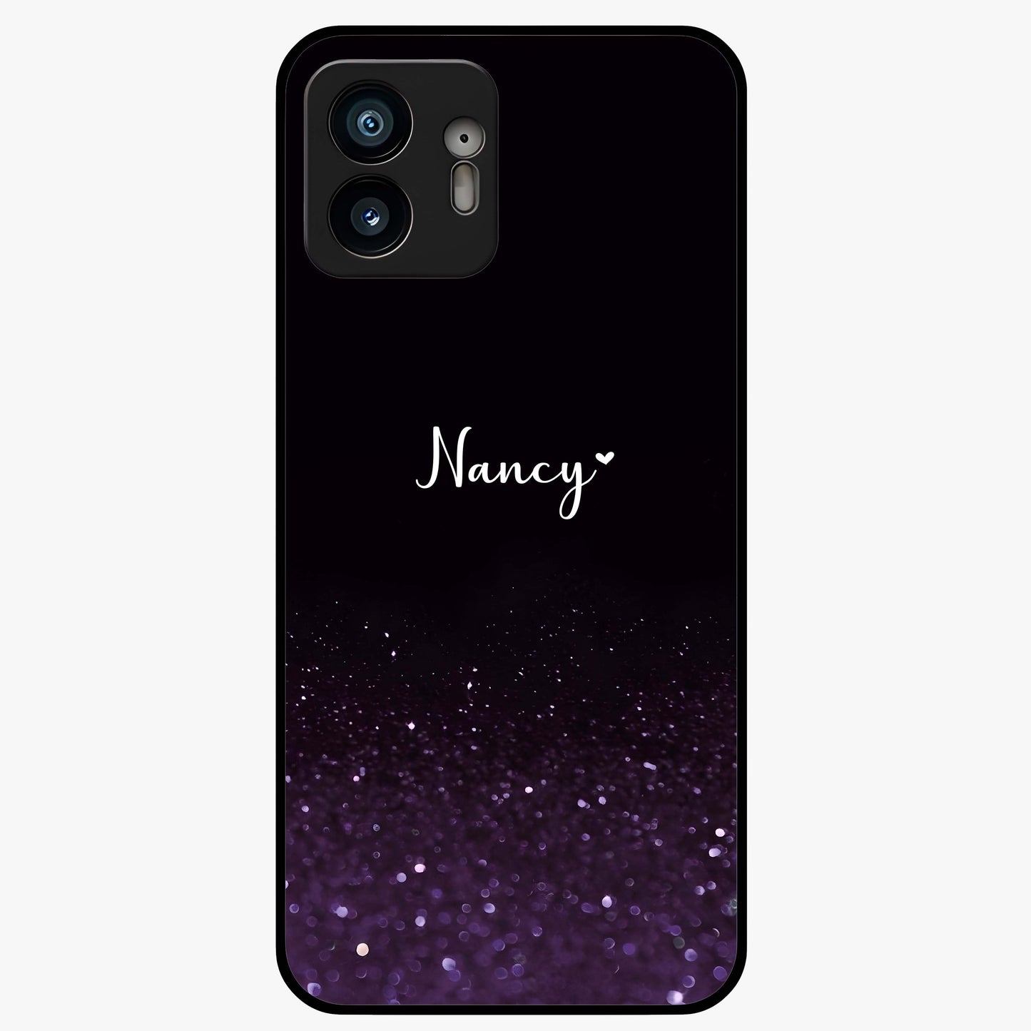 Glittery Purple Bokeh Custom Name Glass Case showing flat back view with purple bokeh sparkle artwork and personalized name design.