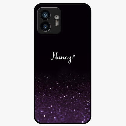 Glittery Purple Bokeh Custom Name Glass Case showing flat back view with purple bokeh sparkle artwork and personalized name design.
