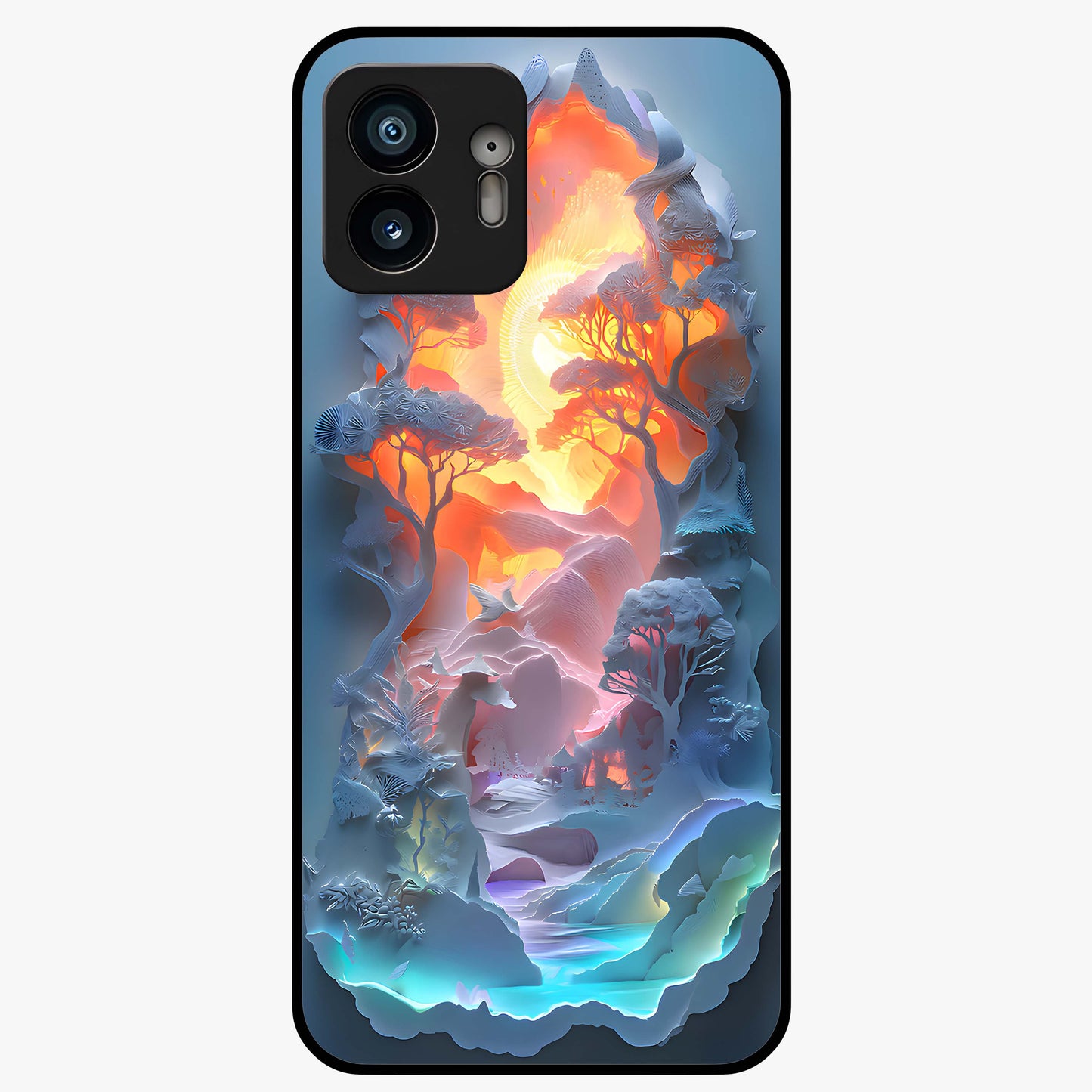 Glow Forest Portal Glass Case showing flat back view with glowing forest portal artwork and glossy glass finish.