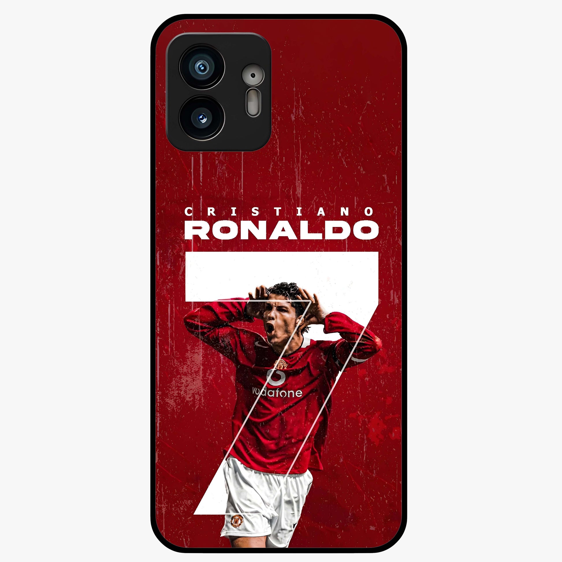 Goal Celebration Legacy Glass Case showing flat back view with football celebration inspired artwork and glossy glass finish.