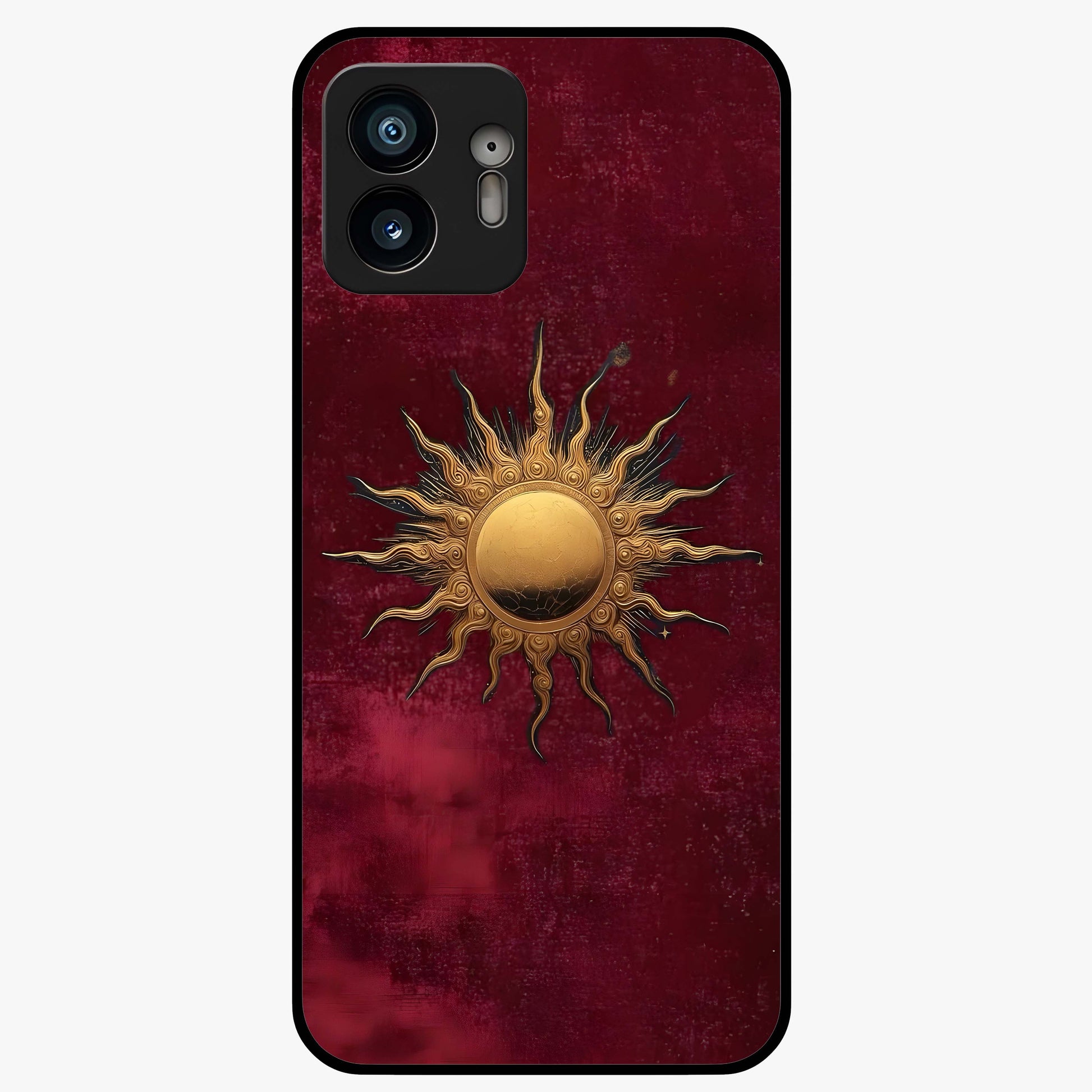 Gold Sun Blush Glass Case showing flat back view with golden sun inspired artwork and glossy glass finish.