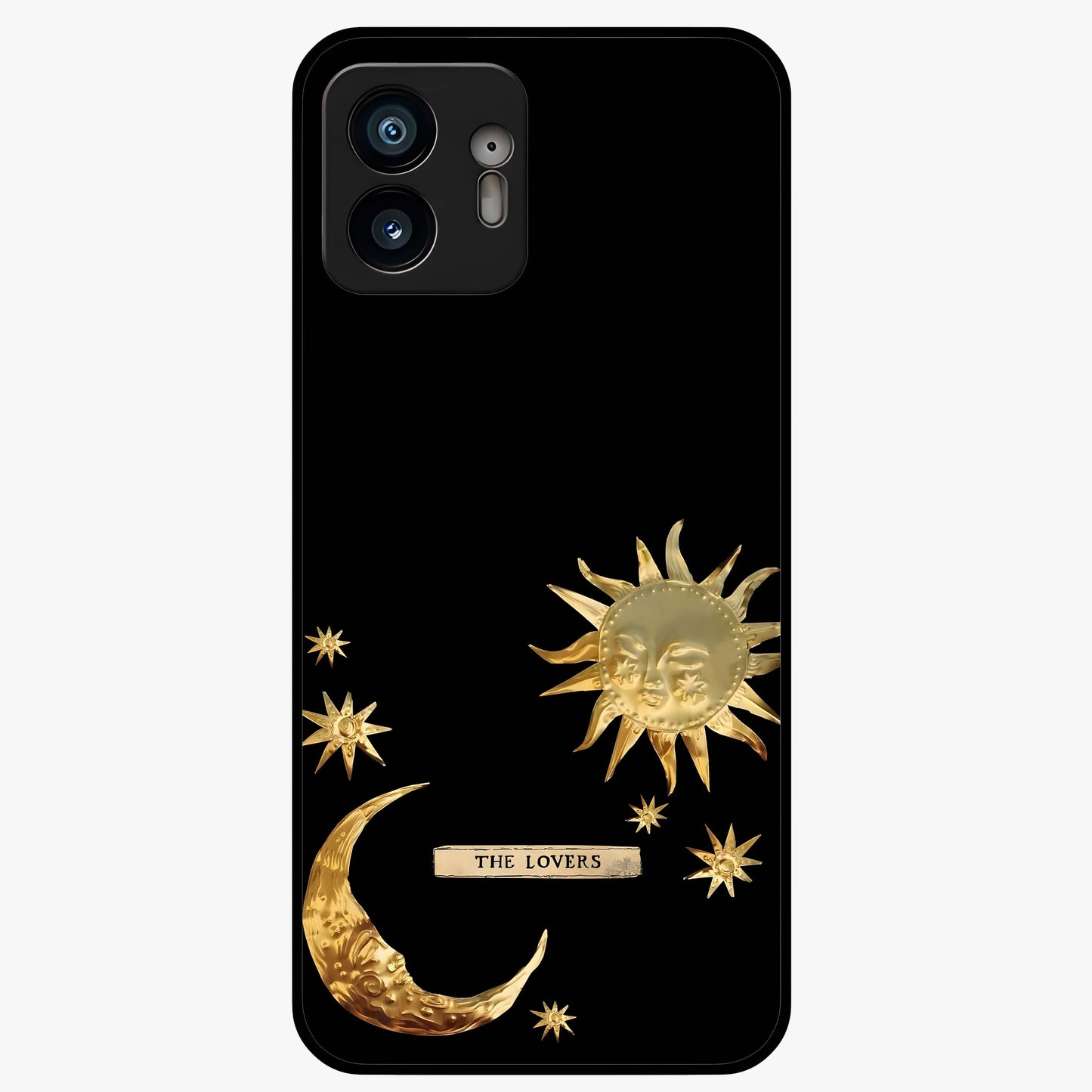 Golden Celestial Charm Glass Case showing flat back view with golden celestial charm artwork and glossy glass finish.