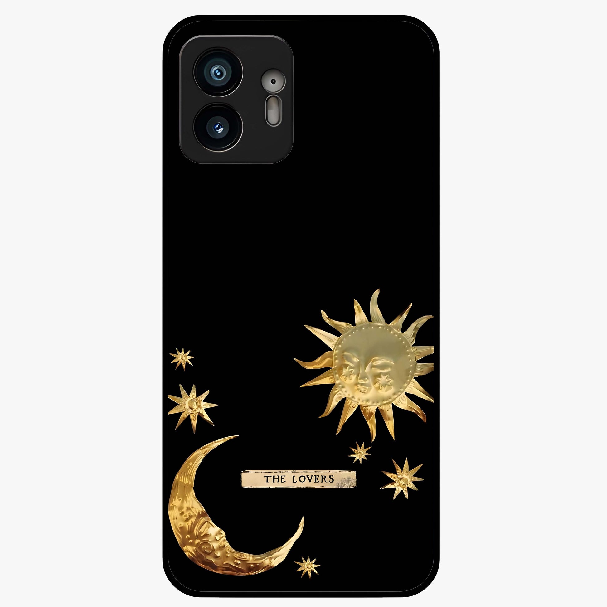 Golden Celestial Charm Glass Case showing flat back view with golden celestial charm artwork and glossy glass finish.