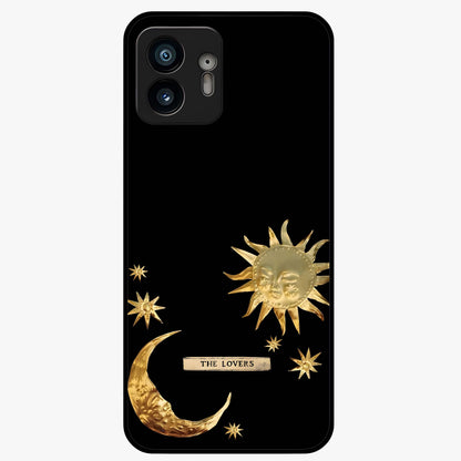 Golden Celestial Charm Glass Case showing flat back view with golden celestial charm artwork and glossy glass finish.