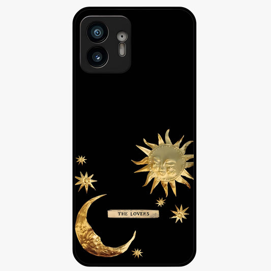 Golden Celestial Charm Glass Case showing flat back view with golden celestial charm artwork and glossy glass finish.
