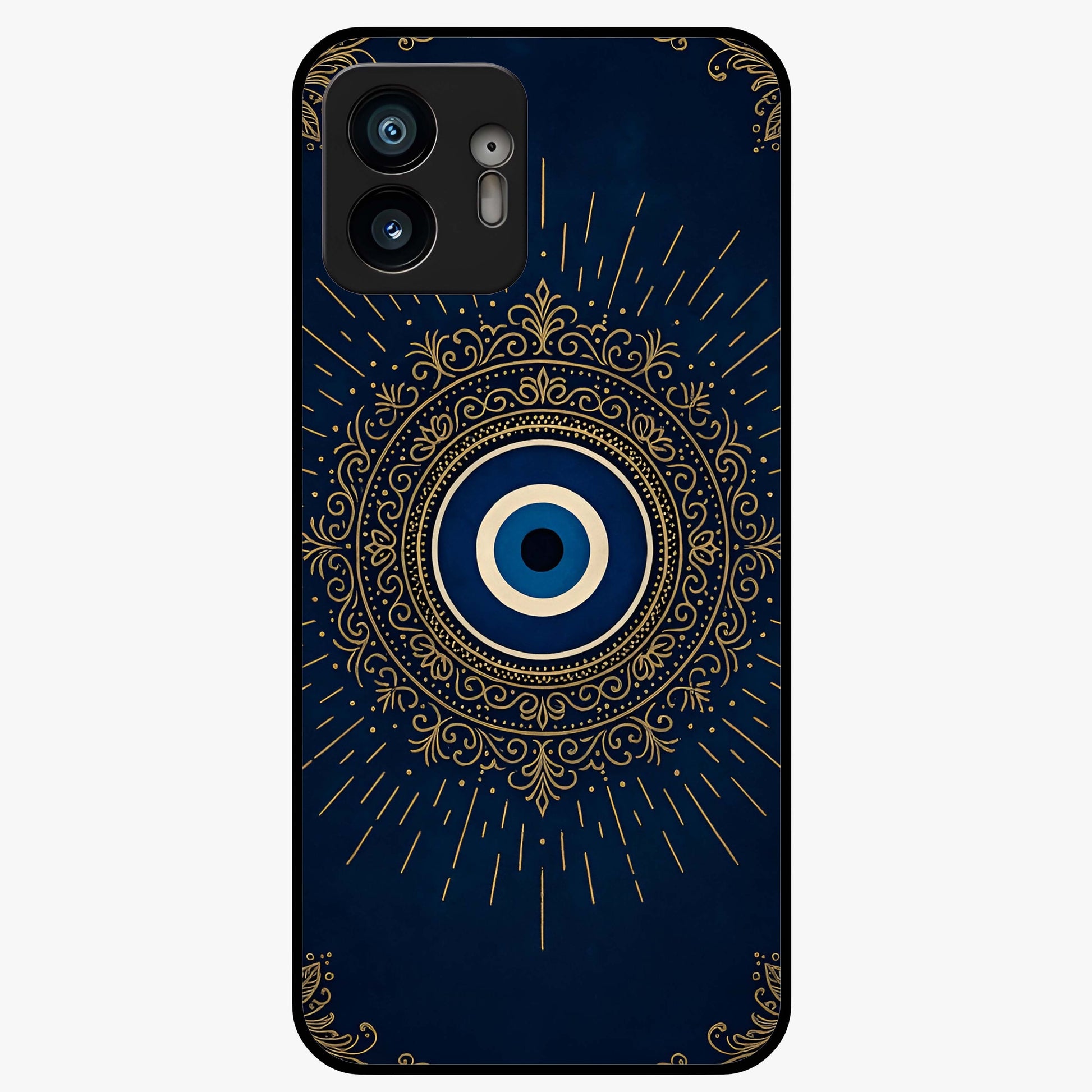 Golden Evil Eye Mandala Glass Case showing flat back view with intricate evil eye mandala artwork and glossy glass finish.