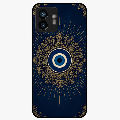 Golden Evil Eye Mandala Glass Case showing flat back view with intricate evil eye mandala artwork and glossy glass finish.
