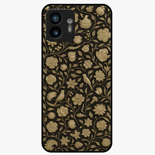 Golden Floral Majesty Glass Case showing flat back view with luxurious golden floral artwork and glossy glass finish.