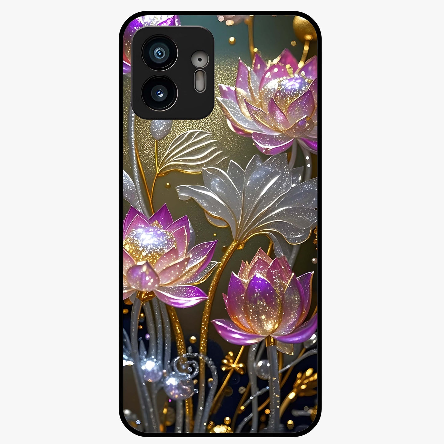 Golden Lotus Glow Glass Case showing flat back view with glowing lotus flower artwork and glossy glass finish.