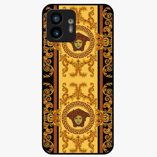Golden Royal Heritage Glass Case showing flat back view with ornate royal pattern artwork and glossy glass finish.