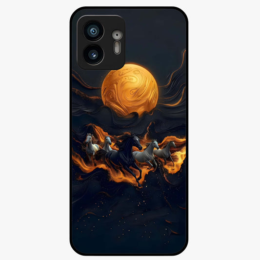 Golden Stallion Moonride Glass Case showing flat back view with majestic horse under moonlight artwork and glossy glass finish.