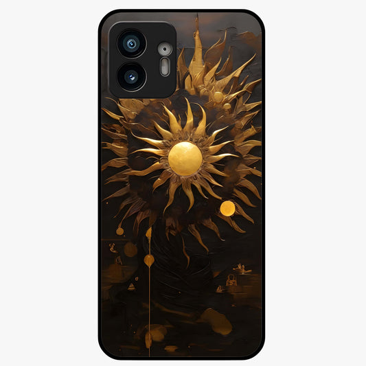 Golden Sun Majesty Glass Case showing flat back view with radiant golden sun artwork and glossy glass finish.